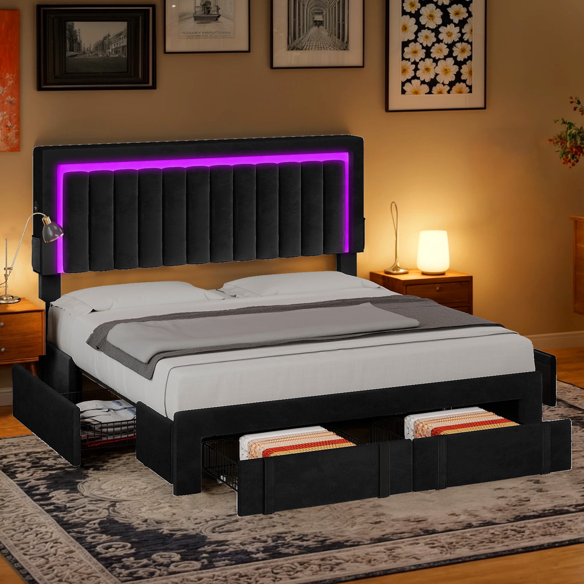 Uforic Queen Size Upholstered Bed Frame with 4 Underbed Storage Drawers, No Box Spring Required, Black