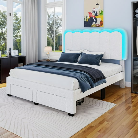 Uforic Queen Size Upholstered Bed Frame with Charging Station & Drawer, Storage Bed Frame with LED Lights & Adjustable Headboard, White