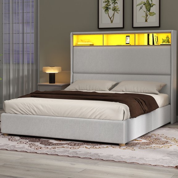 Uforic Queen Size Upholstered Bed Frame with LED Lights & Power Outlets & 53"H Headboard, White