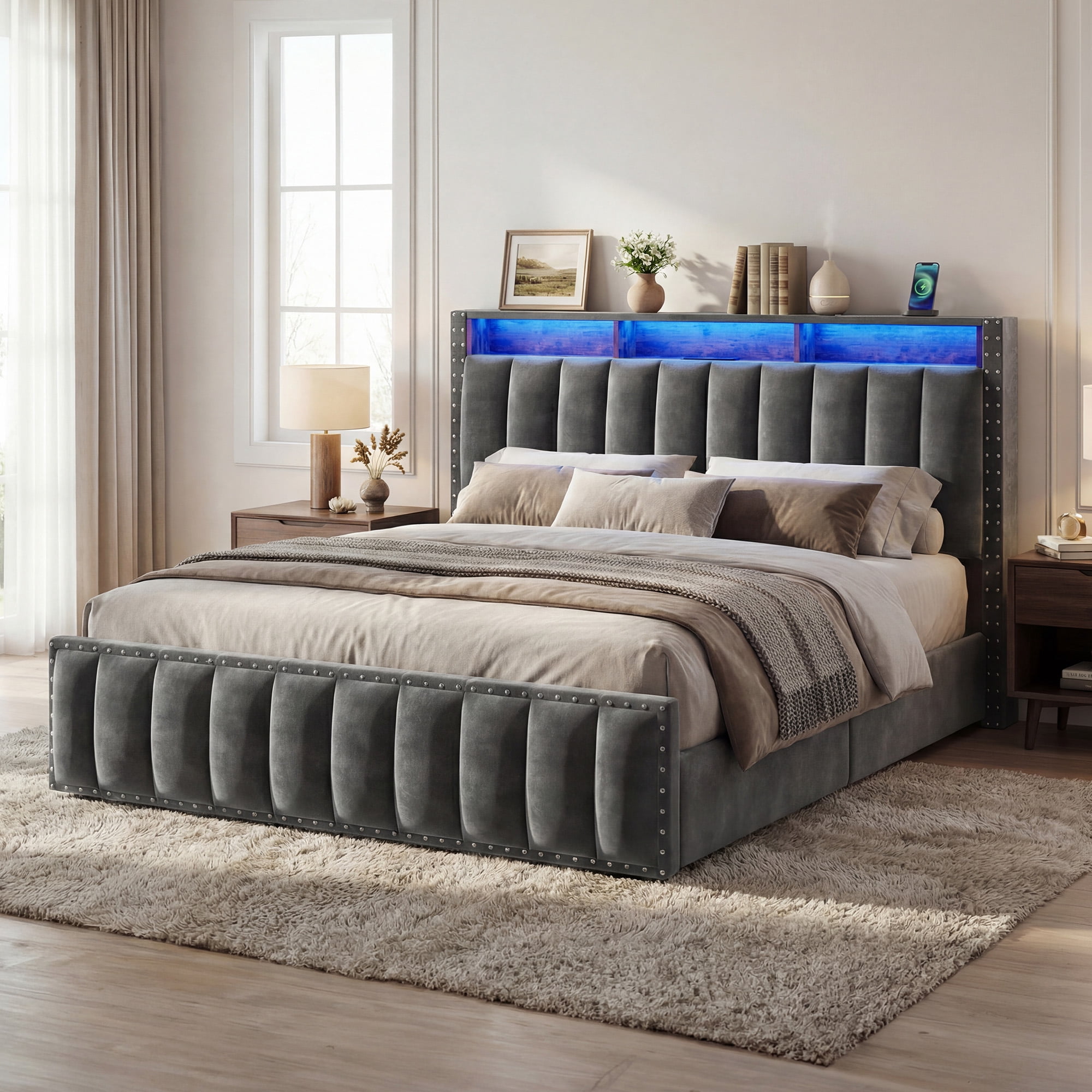 Uforic Queen Size Upholstered Platform Bed Frame, Velvet Bed with 4 Storage Drawers, RGB LED Light, Charging Station & Bookcase Headboard, Noise-Free, No Box Spring Needed, Easy Assembly, Grey