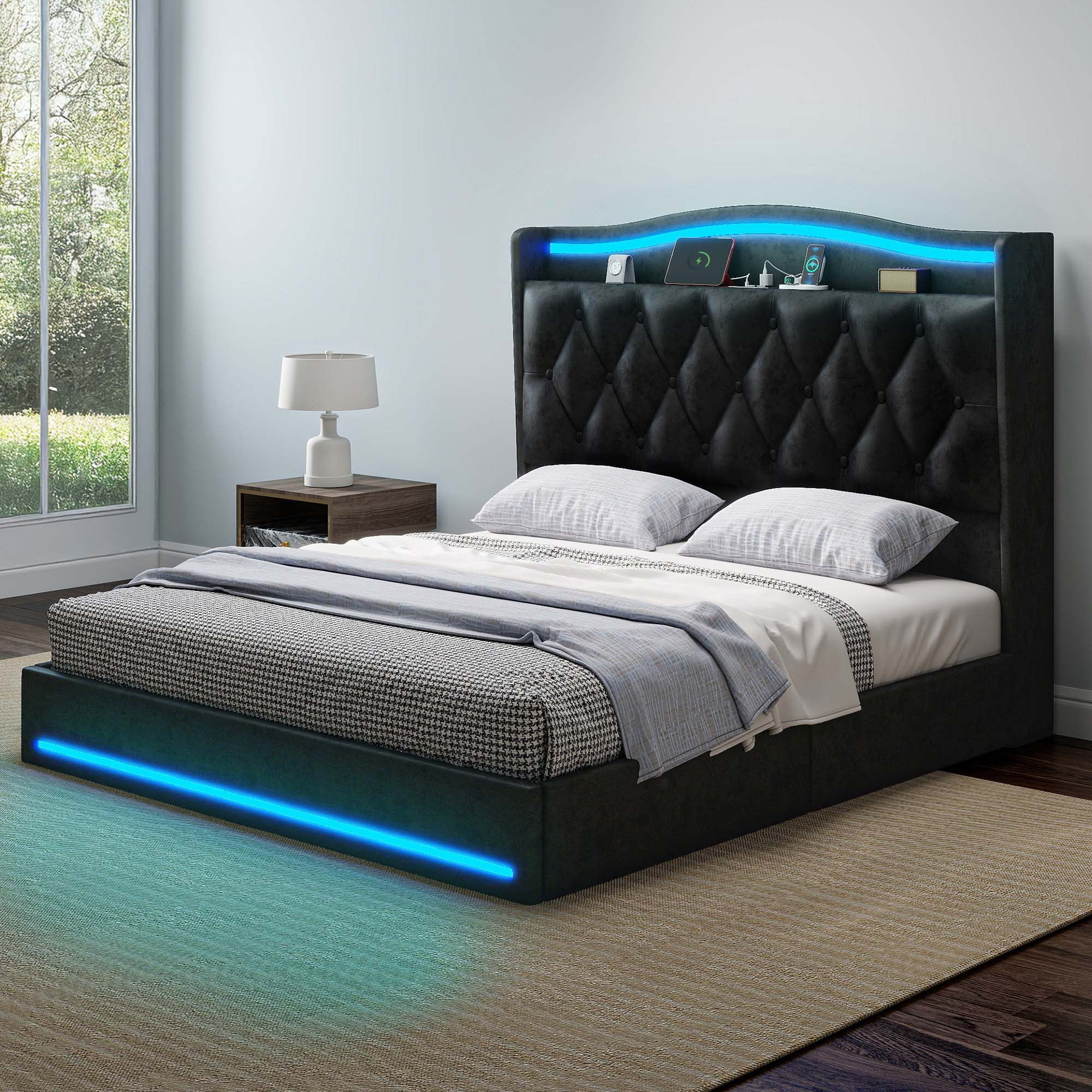 Uforic Queen Size Velvet Upholstered Bed Frame with RGB LED Ambient Light, Built-in Charging Station, No Box Spring Required, Cool Black