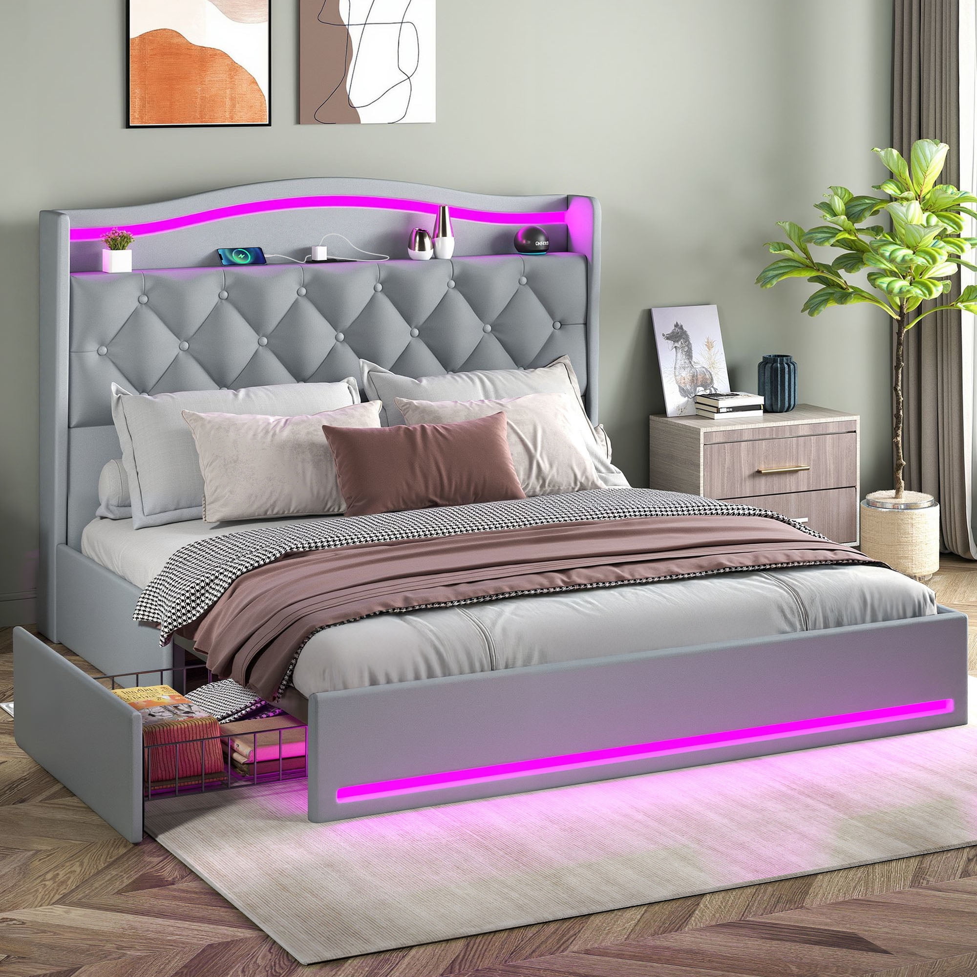 Uforic Queen Size Velvet Upholstered Bed Frame with RGB LED Ambient Light, Built-in Charging Station, No Box Spring Required, Gray