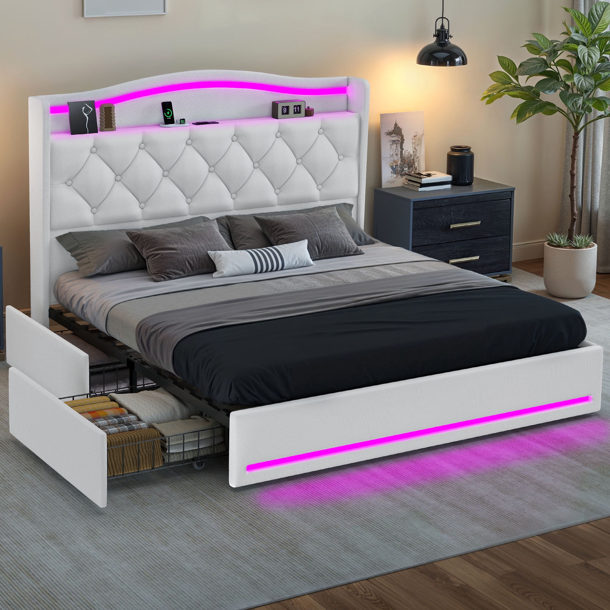 Uforic Queen Size Velvet Upholstered Bed Frame with RGB LED Ambient Light, Built-in Charging Station, No Box Spring Required, White