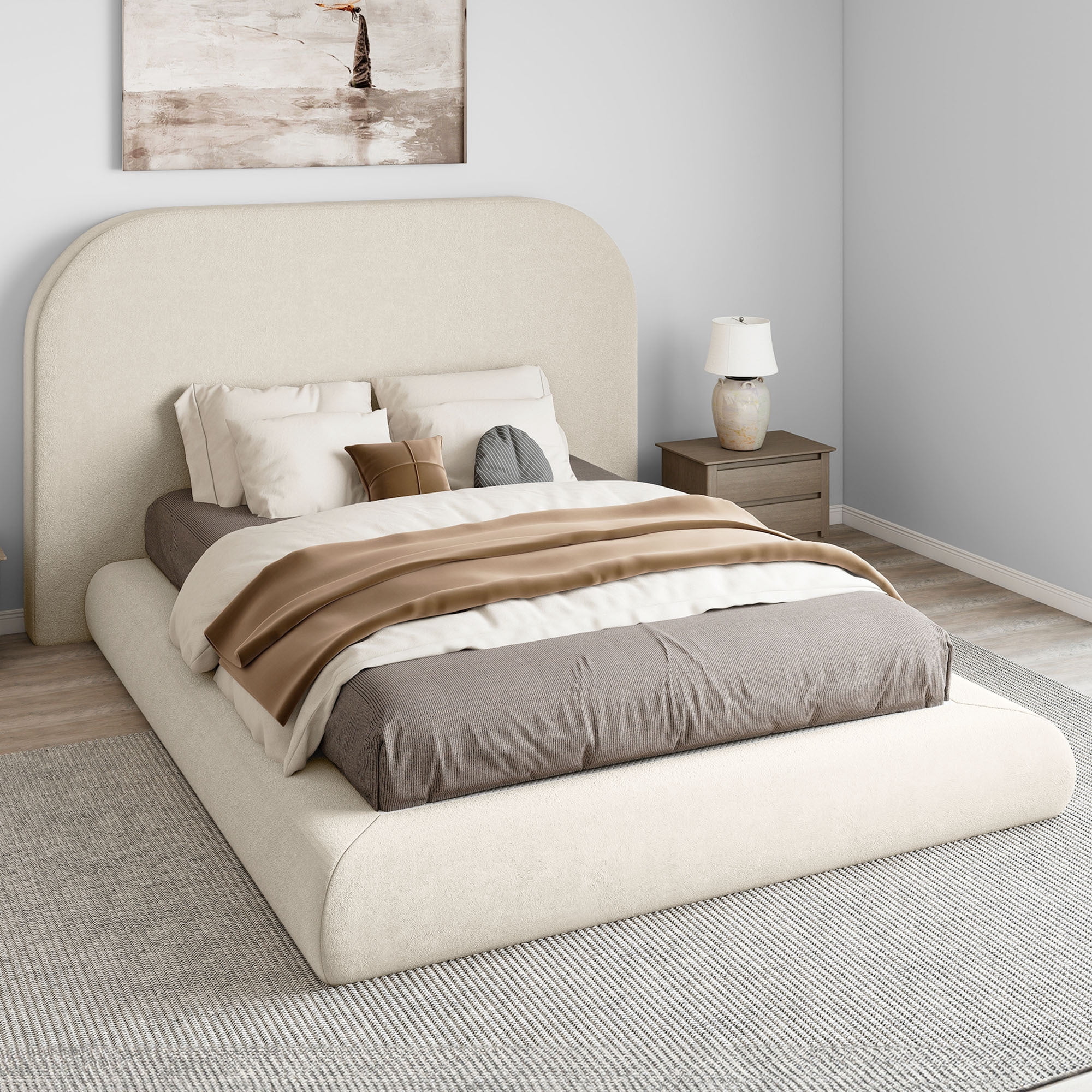 Uforic Queen Size Velvet Upholstered Cloud Bed Frame with Headboard/Footboard, 10-Second Easy Assembly, Off-White