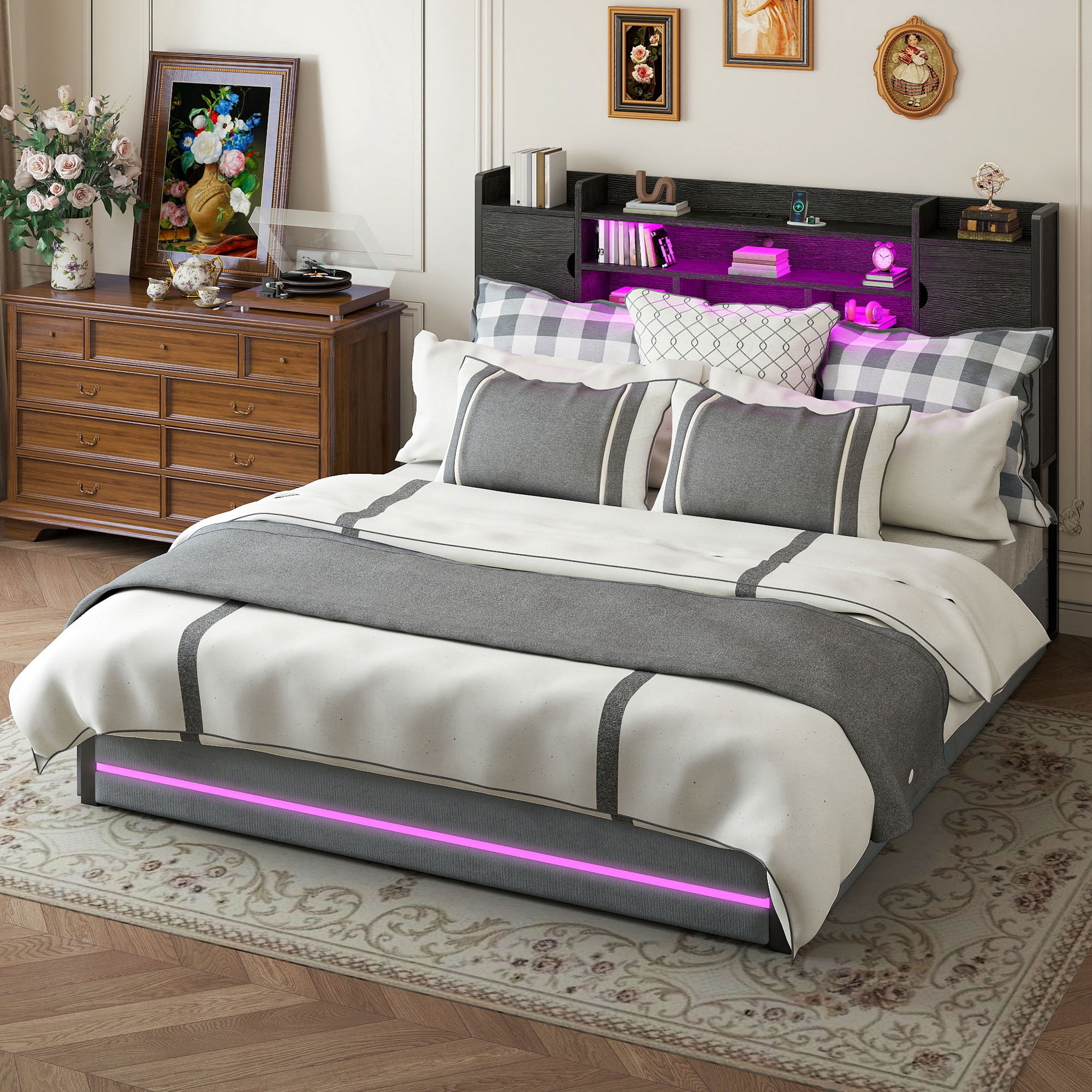 Uforic Queen Size Velvet Upholstered Platform Bed Frame with RGB Ambient LED Light, Built-In Charging Station, 4 Underbed Drawers, No Box Spring Required, Gray
