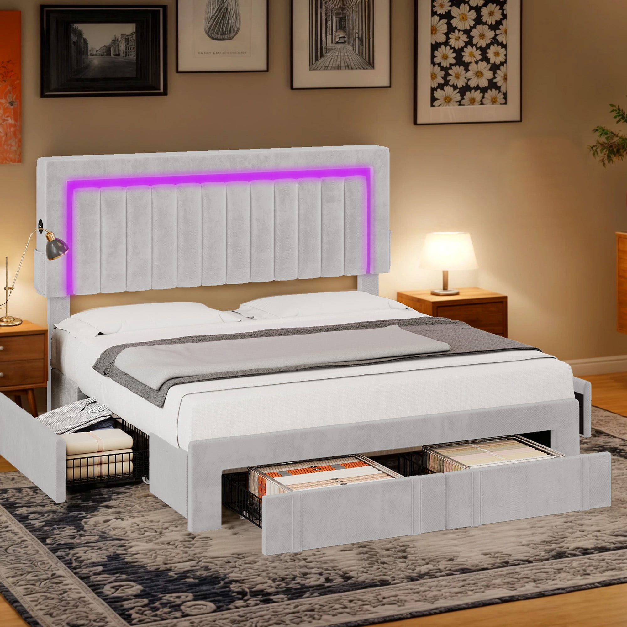 Uforic Queen Size White Velvet Upholstered Platform Bed Frame with RGB LED Lights, 4 Storage Drawers & USB Ports