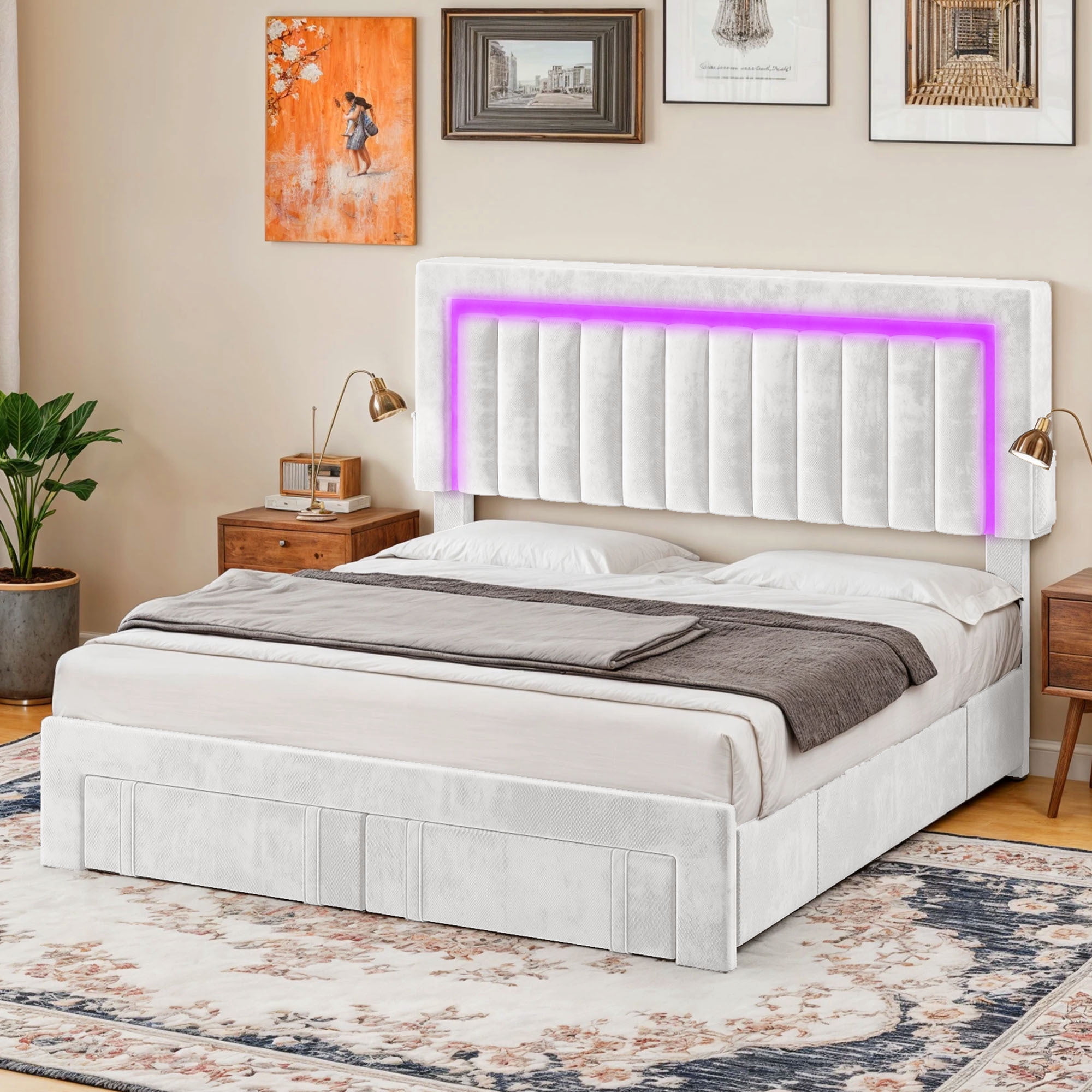 Uforic Queen Size White Velvet Upholstered Platform Bed Frame with RGB LED Lights, 4 Storage Drawers & USB Ports