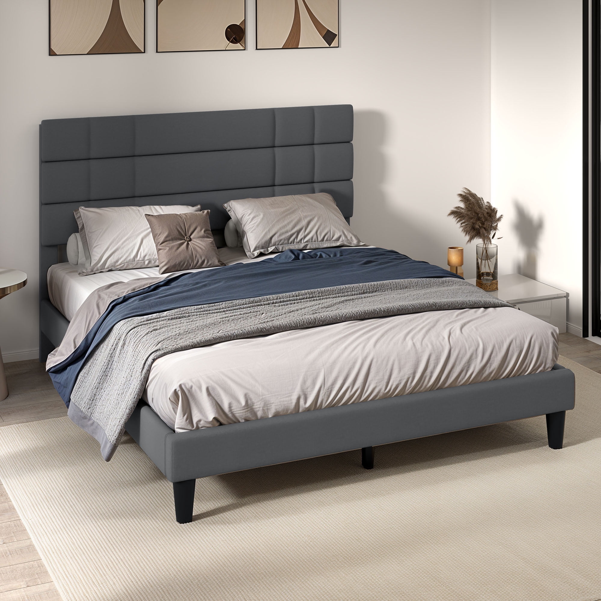 Uforic - Queen Size Wooden Platform Metal Bed Frame Upholstered Fabric Linen Headboard, Easy Assembly, Gray