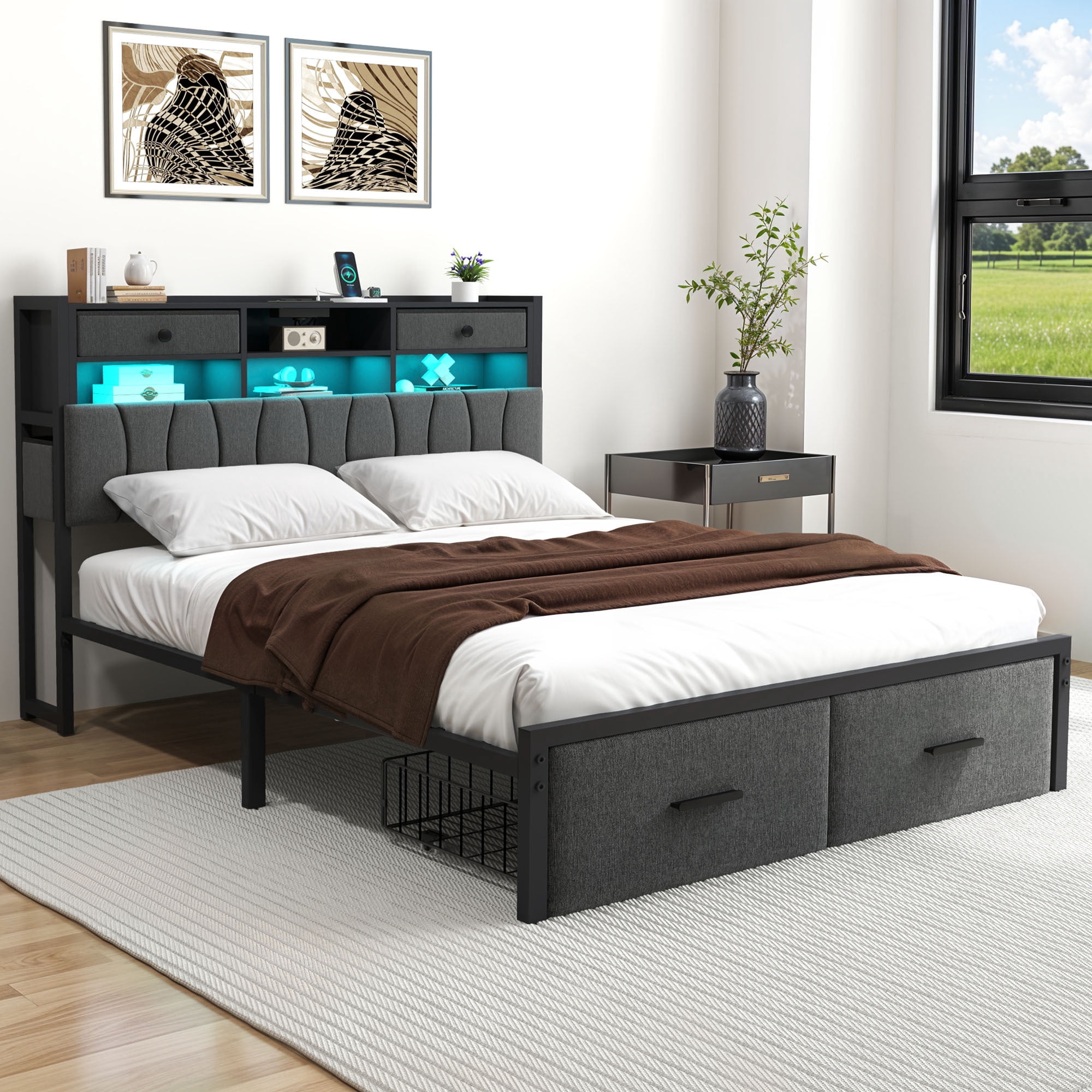 Uforic Queen Upholstered Bed Frame with Charging Station, LED Platform Bed with Storage Drawers,Gray