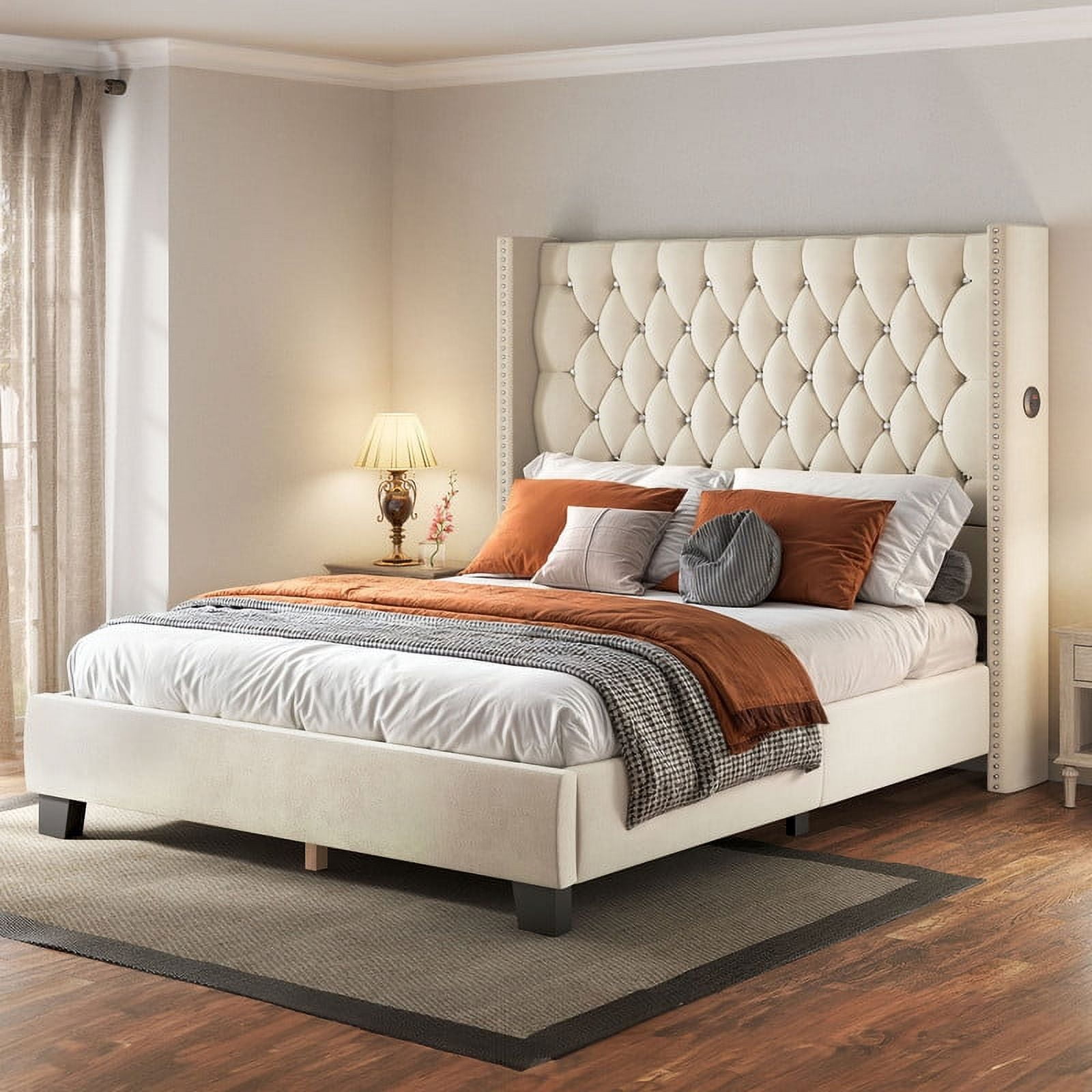 Uforic Queen Wingback Bed Frame with 58" Tall Headboard and USB Charging Stations, Tufted Velvet Upholstered Platform Bed, Easy Assembly, Beige