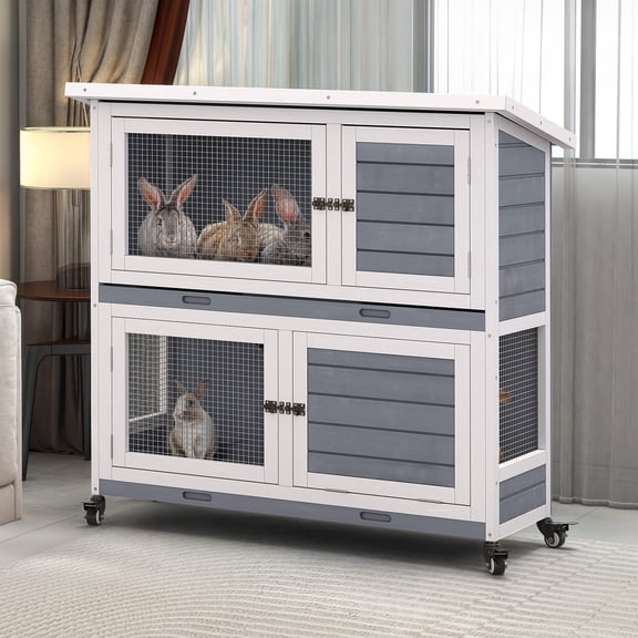 Uforic Rabbit Hutch Bunny Cage Indoor Outdoor with Removable Tray and Wheels