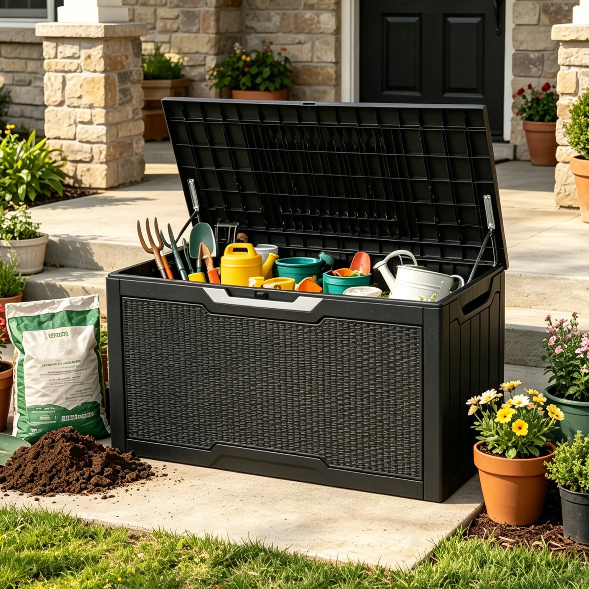 Uforic Rattan Deck Box, 80 Gallon Weatherproof Lockable Resin Outdoor Storage Box for Patio Cushions Garden Tools Equipment, Black