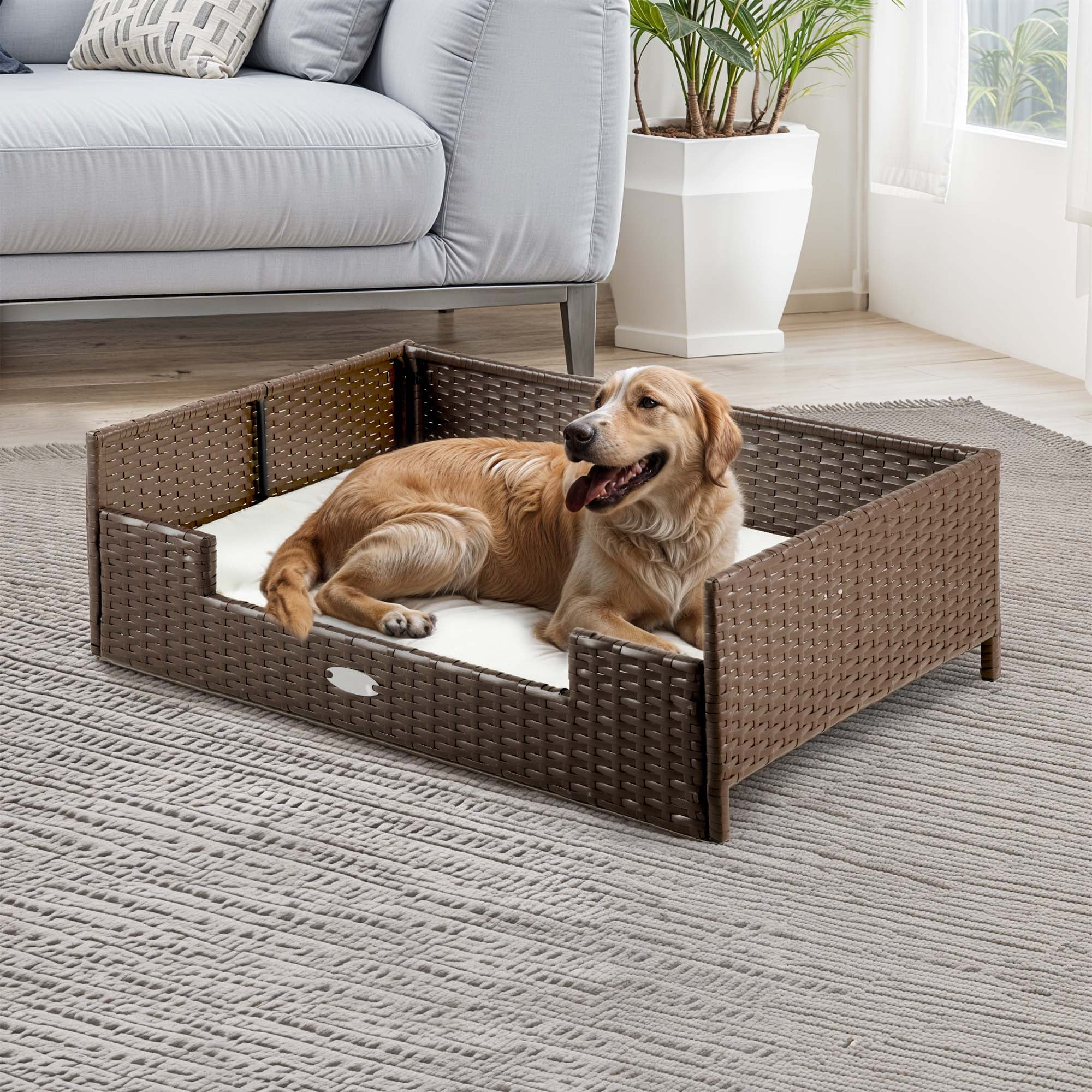 Uforic Rattan Dog Sofa Bed with Beige Cushion,Wicker Pet Bed Sofa Indoor Outdoor,All-weather Protection, Brown&Beige,34.6"L x 23.6"W x 11.8"H