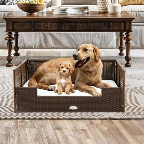 Uforic Rattan Dog Sofa Bed with Beige Cushion,Wicker Pet Bed Sofa Indoor Outdoor,All-weather Protection, Brown&Beige,38.6"L x 26.4"W x 15"H