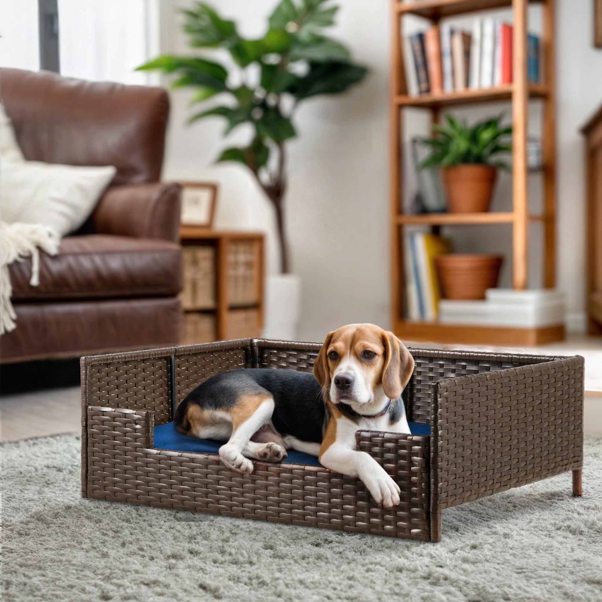 Uforic Rattan Dog Sofa Bed with Blue Cushion,Wicker Pet Bed Sofa Indoor Outdoor,All-weather Protection, Brown&Blue,24.8"L x 19.7"W x 9.8"H