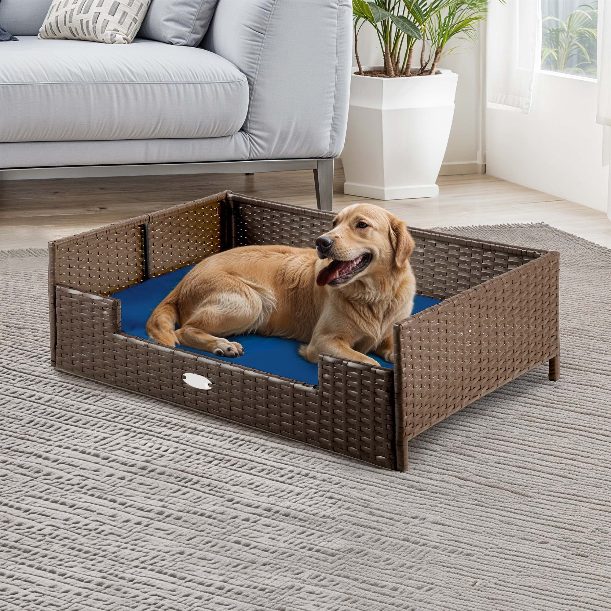 Uforic Rattan Dog Sofa Bed with Blue Cushion,Wicker Pet Bed Sofa Indoor Outdoor,All-weather Protection, Brown&Blue,34.6"L x 23.6"W x 11.8"H