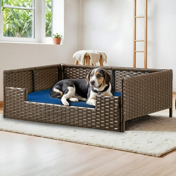 Uforic Rattan Dog Sofa Bed with Blue Cushion,Wicker Pet Bed Sofa Indoor Outdoor,All-weather Protection, Brown&Blue,38.6"L x 26.4"W x 15"H