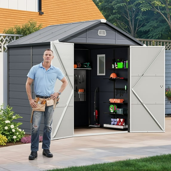 Uforic Resin Outdoor Storage Shed,7.87x6.2ft All-Weather Plastic Tool Shed with Reinforced Floor,Lockable Doors,Windows & Vents,for Backyard,Patio,Poolside,and Lawn