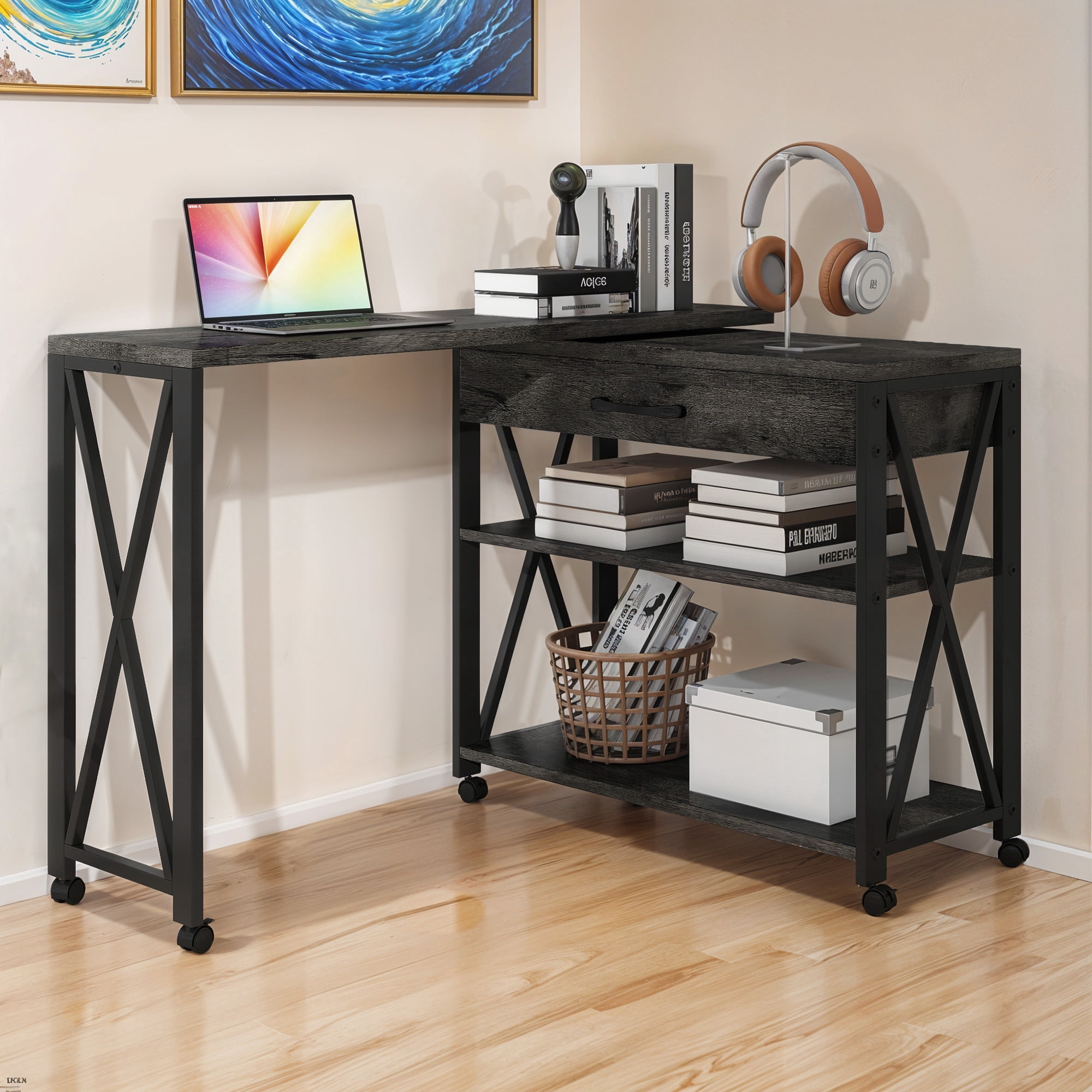 Uforic Rolling Computer Office Desk, Rotating Corner Writing Desk with Drawer and Shelves, Gray