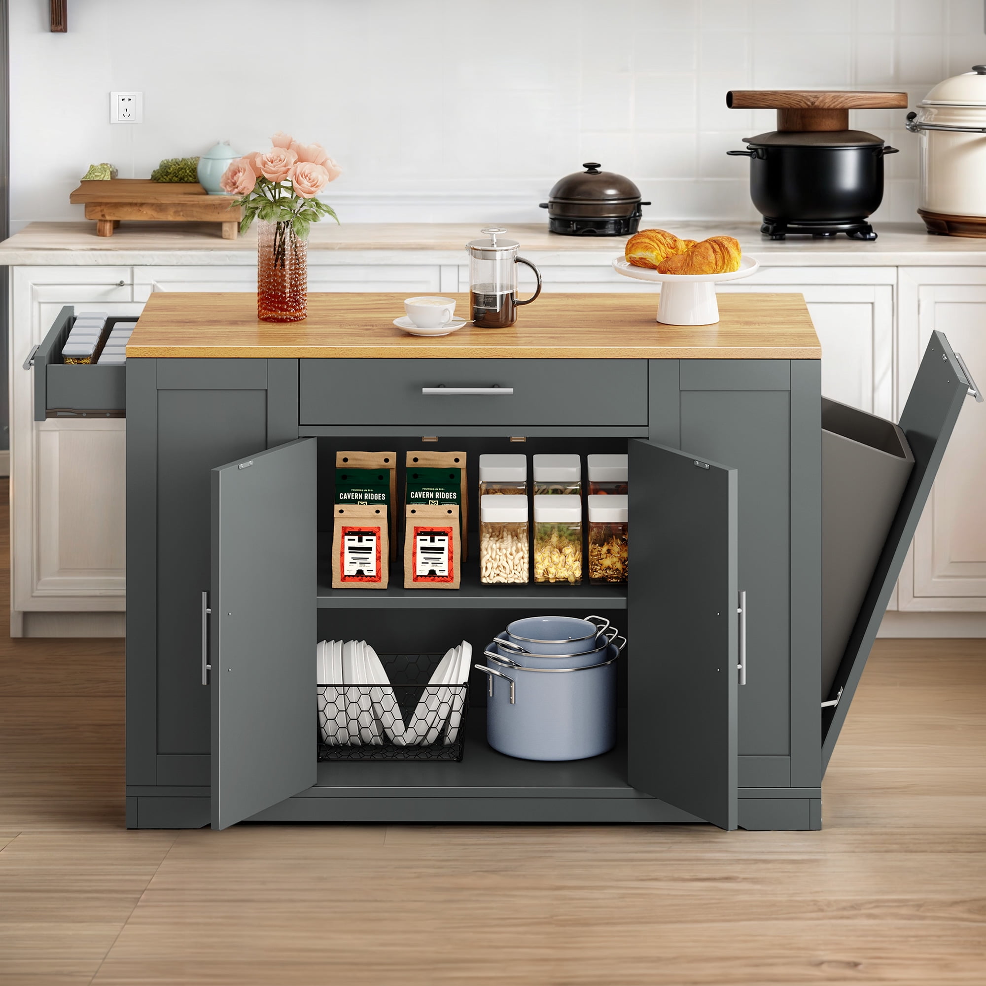 Uforic Rolling Kitchen Island with Wheels & Drawers, Kitchen Storage Cart with Storage Cabinet for 13-Gallon Trash Bin, Gray