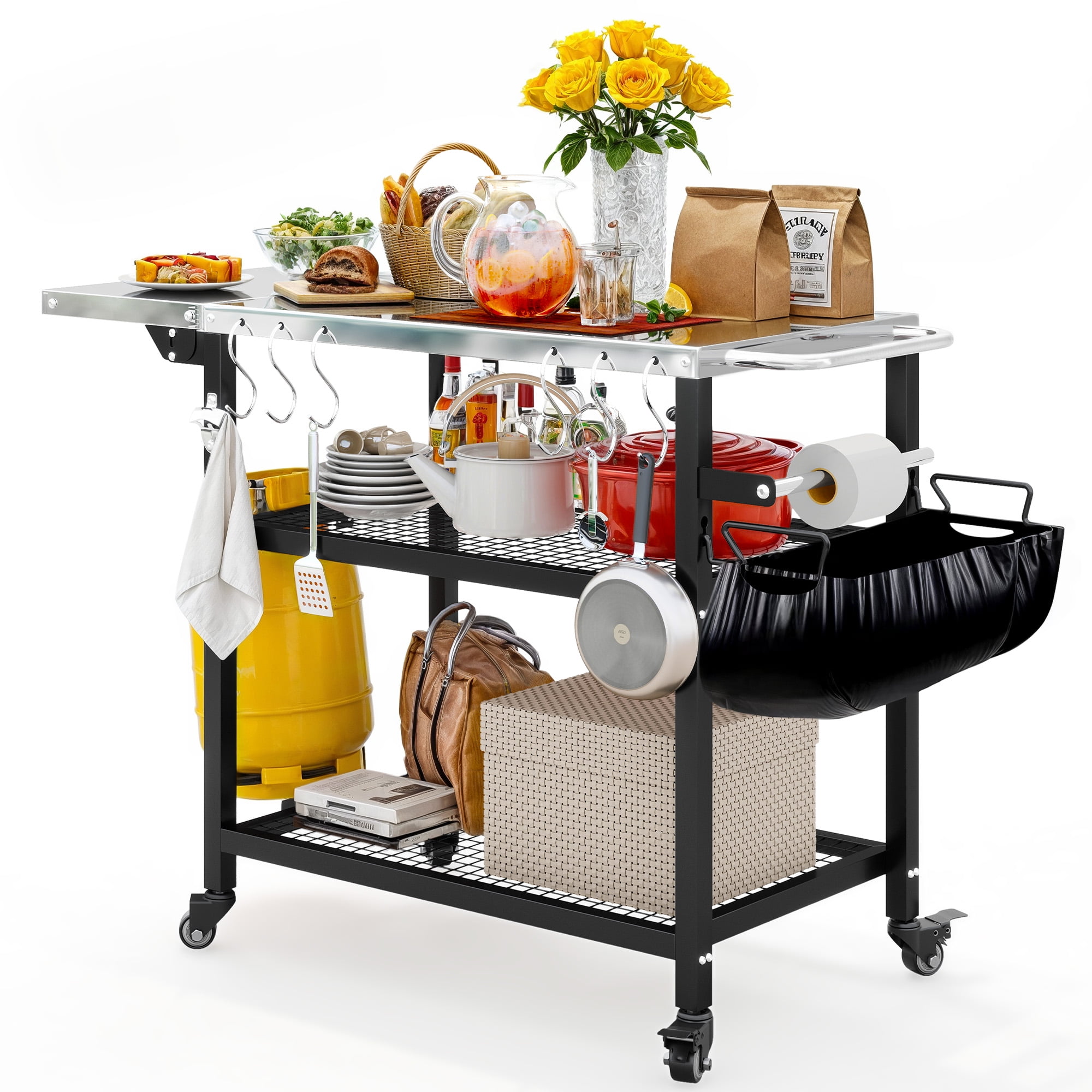 Uforic Rolling Outdoor Grill Table with Wheels, 3-Shelf Pizza Oven Cart and Folding Extension Board