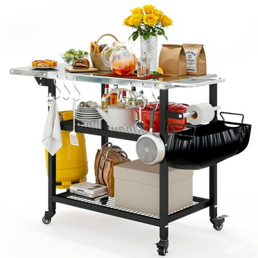 Uforic Rolling Outdoor Grill Table with Wheels, 3 Shelf Pizza Oven Cart, Outside Food Prep Stand With Folding Extension Board
