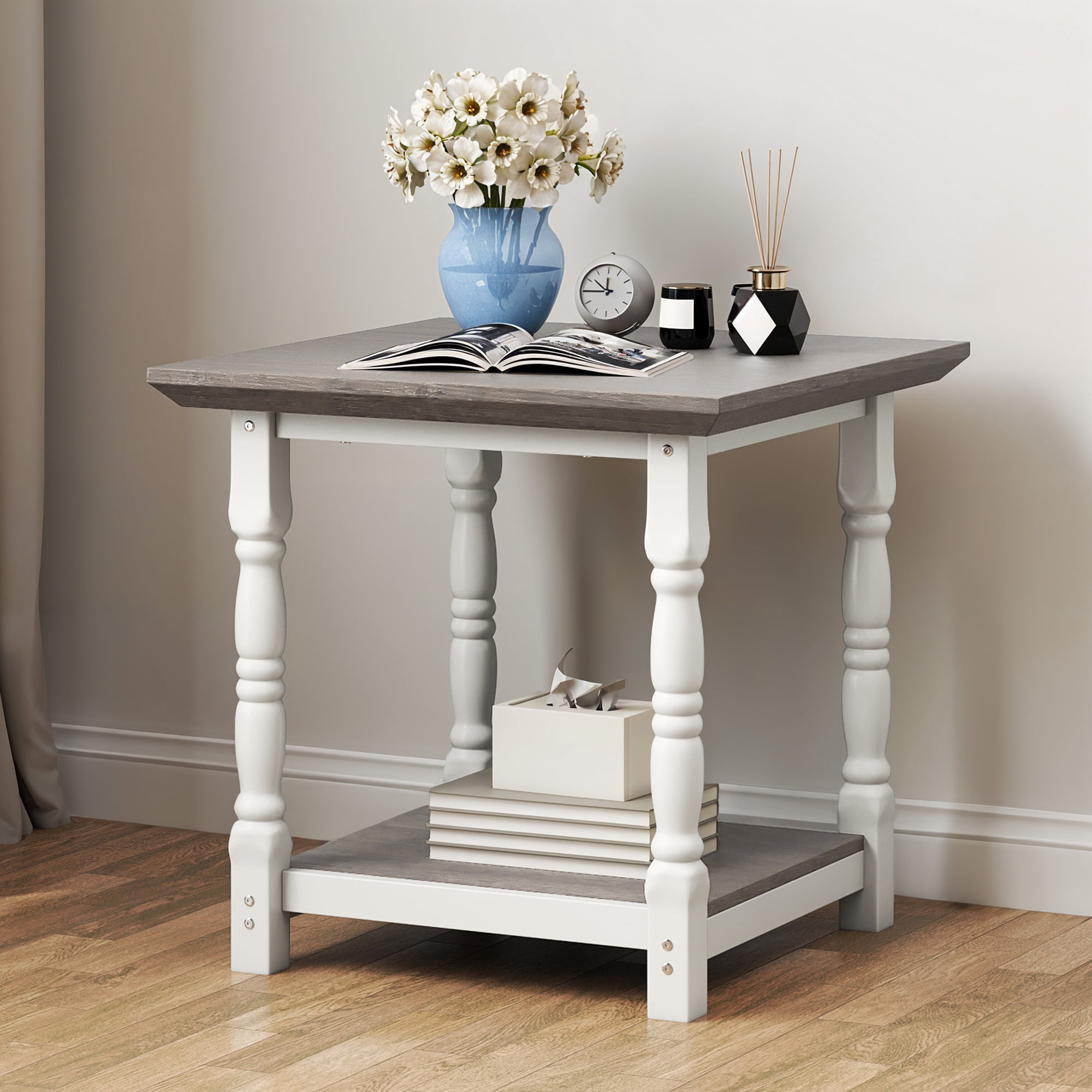 Uforic Roman-Style End Table with Metal Legs, 23.6" Square Side Table with Shelf, White & Gray
