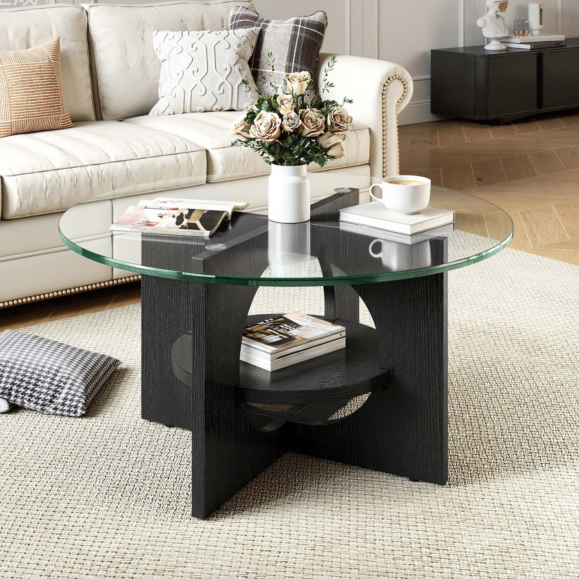Uforic Round Coffee Table, 2-Tier Tempered Glass Coffee Table with ...