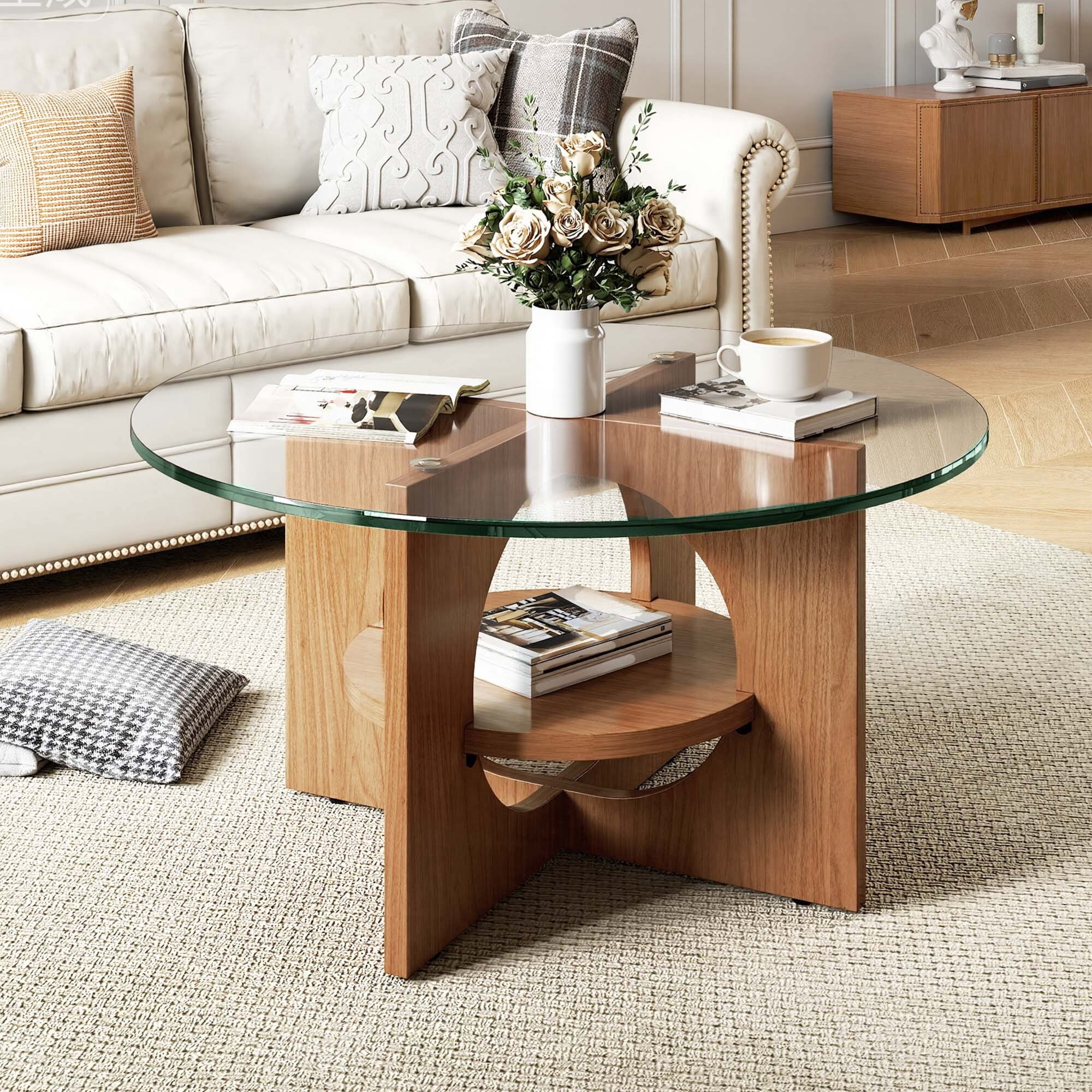 Uforic Round Coffee Table, 2-Tier Tempered Glass Coffee Table with Storage Shelf, Modern Multi-Purpose Center Cocktail Table for Living Room, Office, Walnut Finish