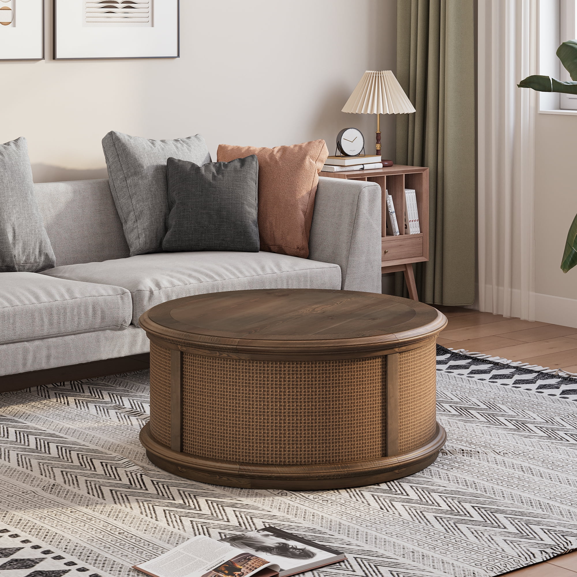 Uforic Round Lift-Top Coffee Table with Rattan Accents, Storage Table for Living Room, Gray Wood