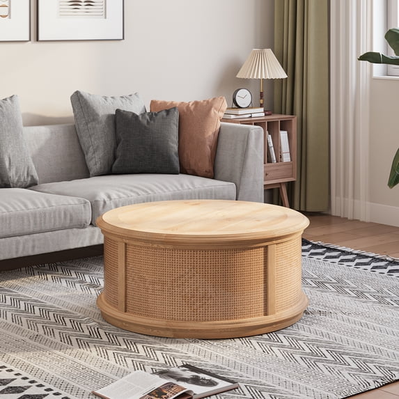 Uforic Round Lift-Top Coffee Table with Rattan Storage, Natural Wood Color, for Living Room & Office