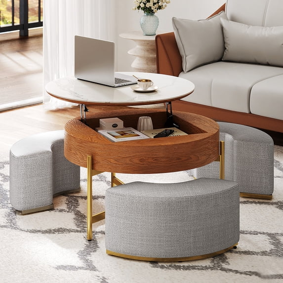 Uforic Round Lift-Top Coffee Table with Storage & 3 Stools, Faux Marble Center Table for Living Room