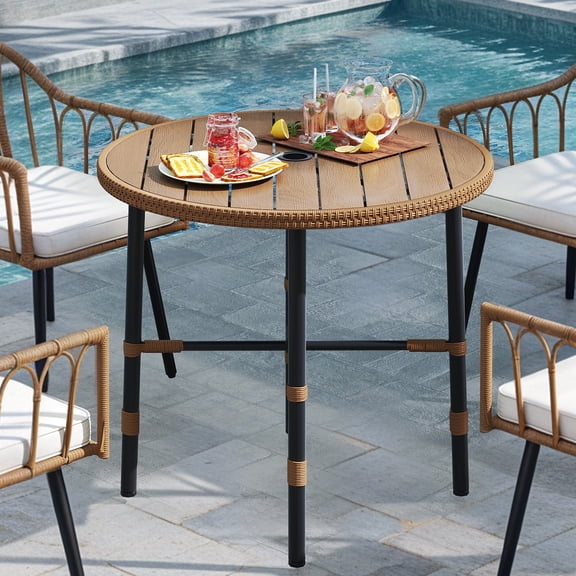 Uforic Round Outdoor Dining Table for 4, 35.4" x 30.3" All-Weather Patio Bistro Table with 2.2" Umbrella Hole, Adjustable Levelers, Metal Frame and Faux Wood Tabletop for Backyard Garden