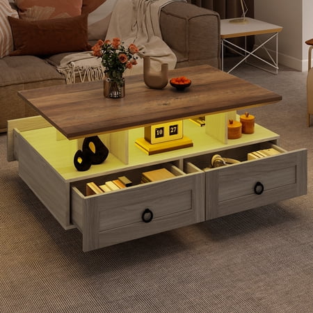 Uforic Rustic Coffee Table with Drawers & Storage Shelf, Center Table with LED Lights, Pine