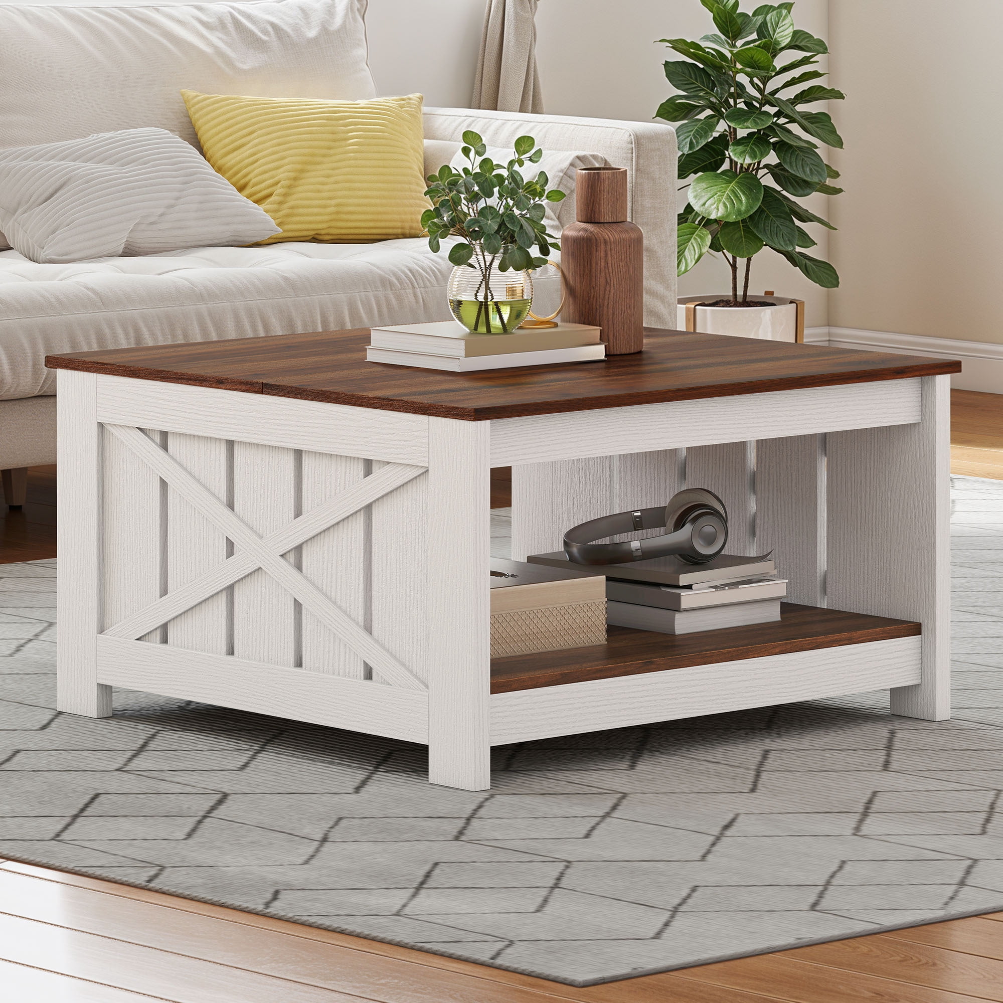 Uforic Rustic Farmhouse Coffee Table with Half-Open Storage, Square Rustic Wood Cocktail Table for Living Room, Brown with White
