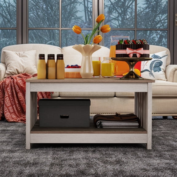 Uforic Rustic Farmhouse Coffee Table with Half-Open Storage, Square Rustic Wood Cocktail Table for Living Room, Grey Wash