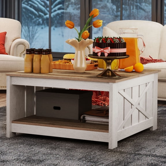 Uforic Rustic Farmhouse Coffee Table with Half-Open Storage, Square Rustic Wood Cocktail Table for Living Room, Grey Wash
