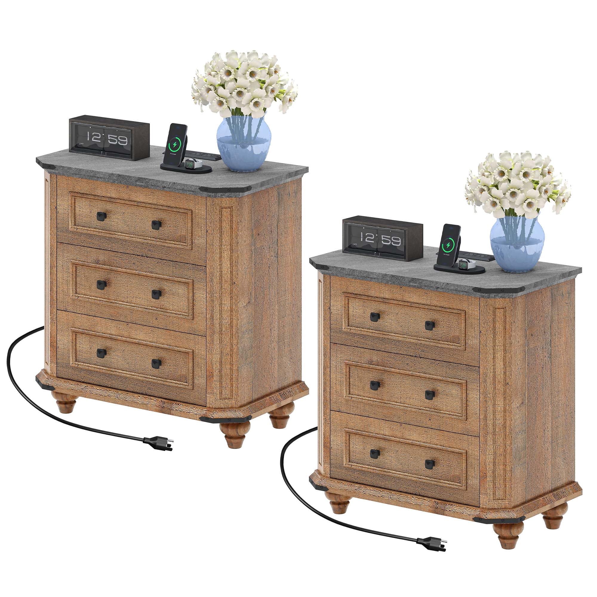 Uforic Rustic Nightstand Set of 2 with Charging Station & Drawers, Bedside Table for Bedroom, Brown
