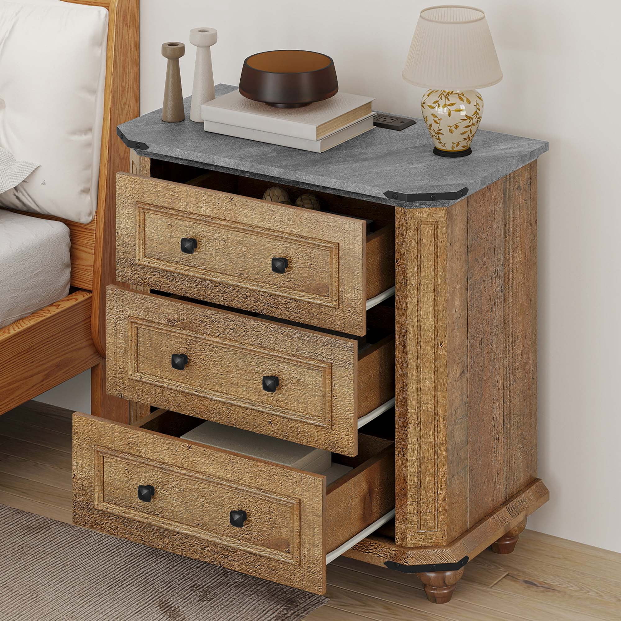 Uforic Rustic Nightstand with Charging Station & Drawers, Bedside Table for Bedroom, Brown