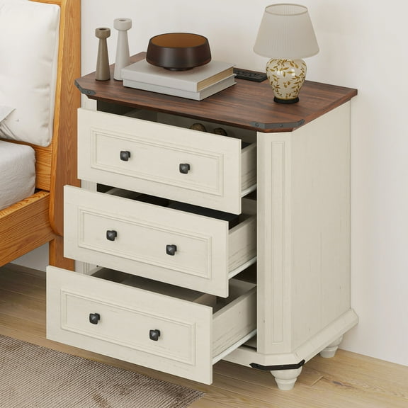 Uforic Rustic Nightstand with Charging Station & Drawers, Bedside Table for Bedroom, White