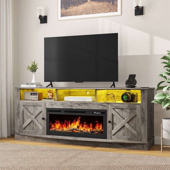 Uforic Rustic TV Console for 75" TVs, 36" Electric Flame & LED Illumination with Classic Barn Door Storage, Rustic Gray