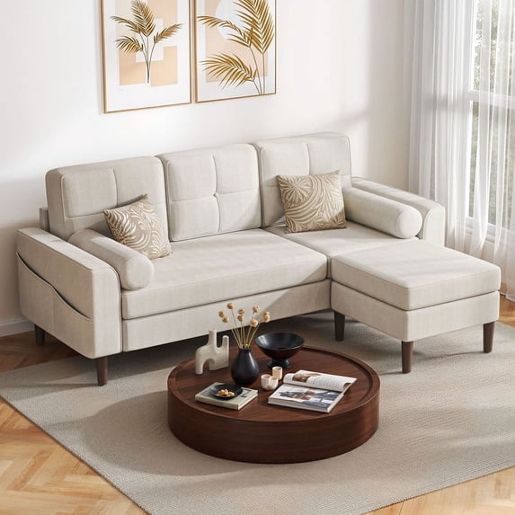 Uforic Sectional Sofa with Movable Ottoman, Comfy Upholstered L-Shaped Sofa,4-Seat Couch for Living Room, Beige
