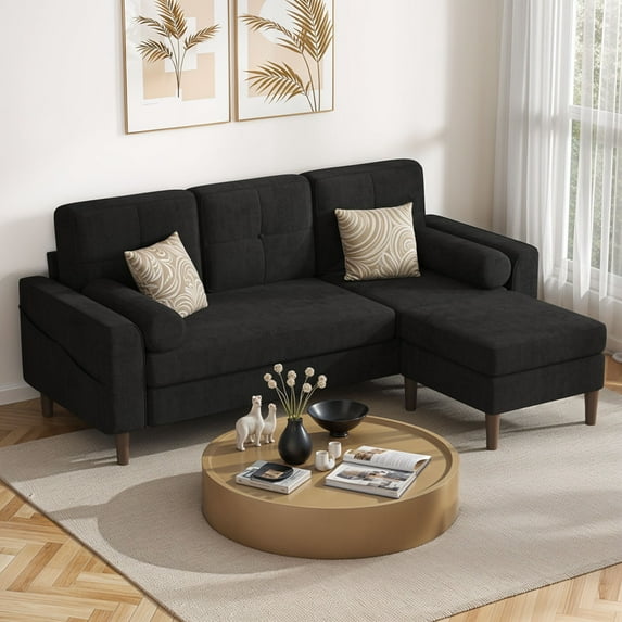 Uforic Sectional Sofa with Movable Ottoman, Comfy Upholstered L-Shaped Sofa,4-Seat Couch for Living Room, Black
