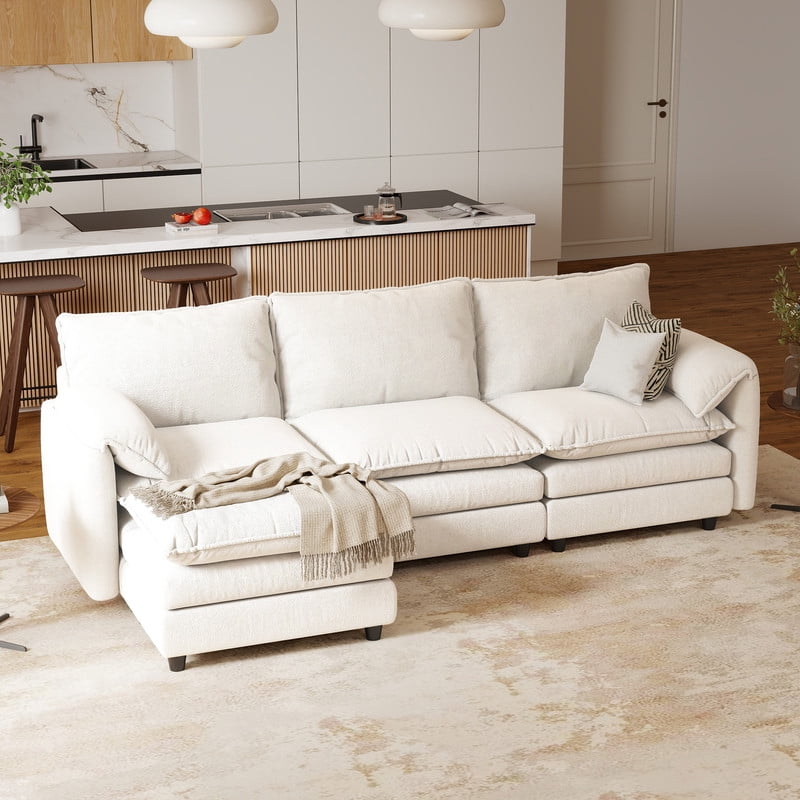 Uforic Sectional Sofa with Ottoman, 108" L Shape Modern 4 Seat Cloud Couch with Pillow-Armrest, Beige