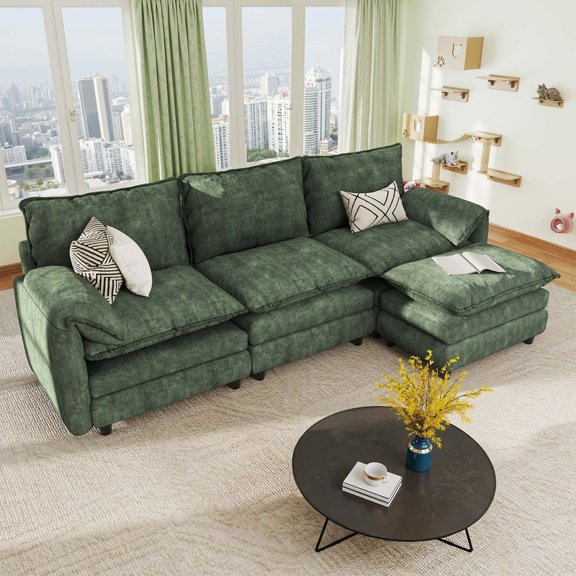 Uforic Sectional Sofa with Ottoman, 108" L Shape Modern 4 Seat Cloud Couch with Pillow-Armrest,Green