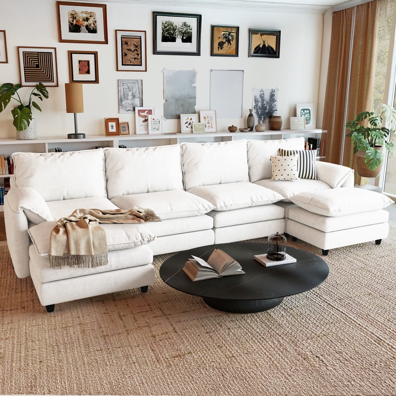 Uforic Sectional Sofa with Ottoman, 142" U Shape Modern 6 Seat Cloud Couch with Pillow-Armrest, Beige