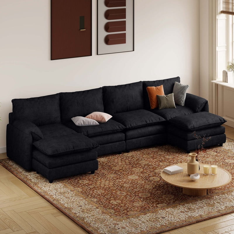 Uforic Sectional Sofa with Ottoman, 142" U Shape Modern 6 Seat Cloud Couch with Pillow-Armrest, Black