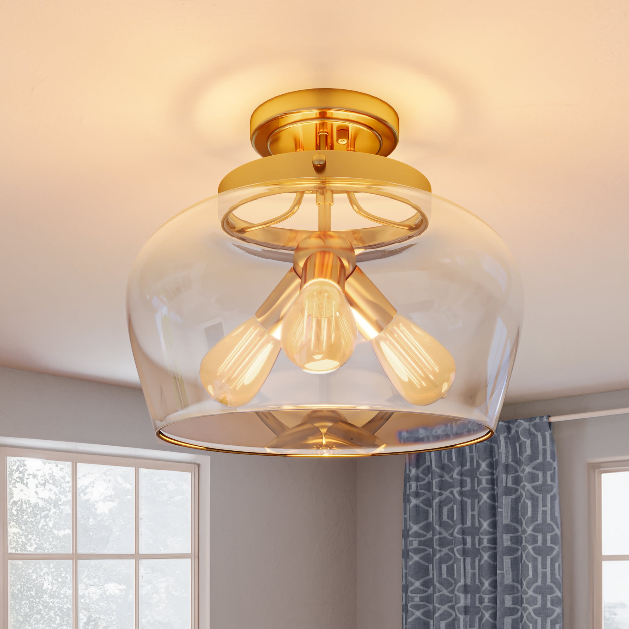 Uforic Semi Flush Mount Ceiling Light, Farmhouse Ceiling light with Clear Glass Shade, Modern Ceiling Light for Closet Dining Room Kitchen Hallway, Gold