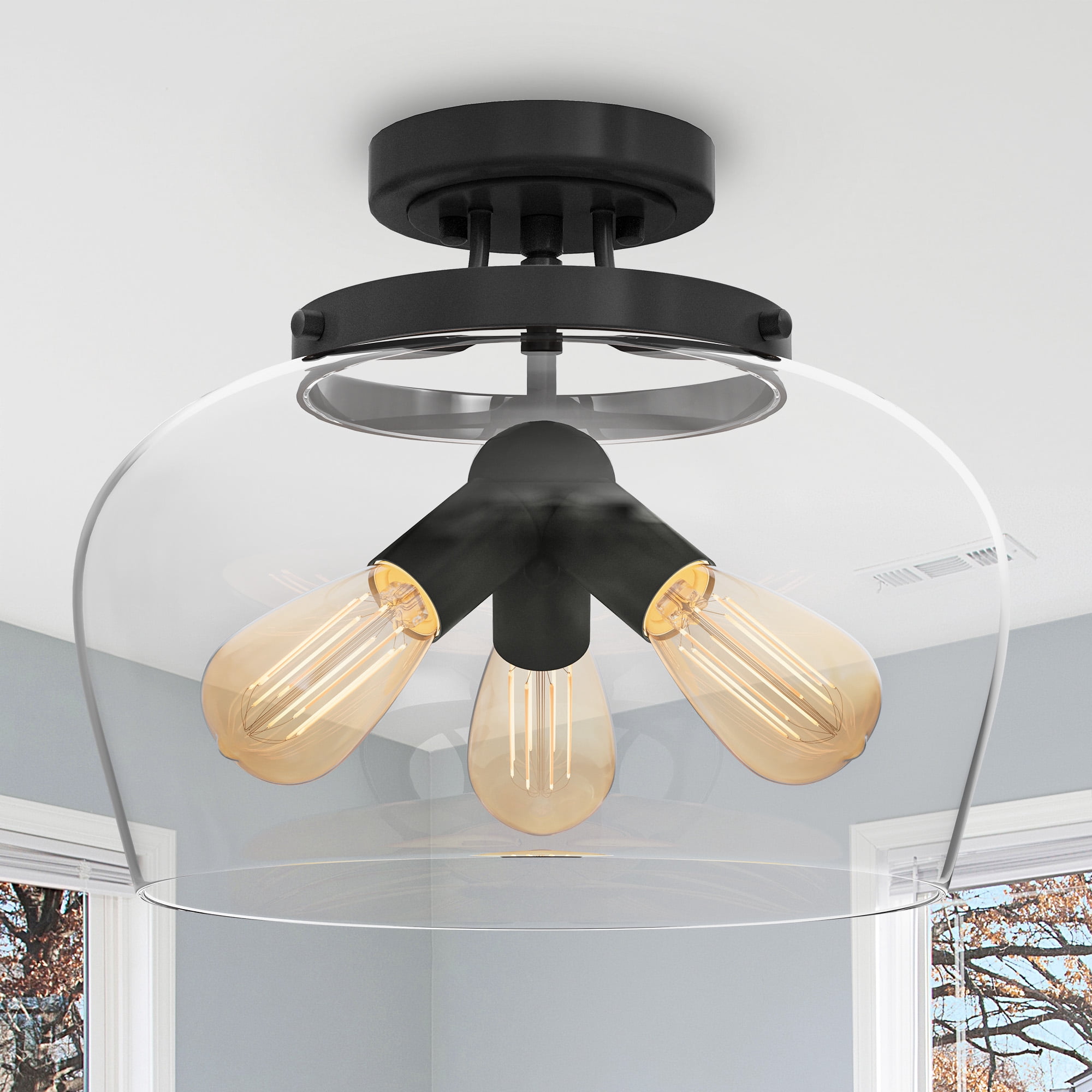 Uforic Semi Flush Mount Ceiling Light, Farmhouse Ceiling light with Clear Glass Shade, Modern Ceiling Light for Closet Dining Room Kitchen Hallway, Mattie Black