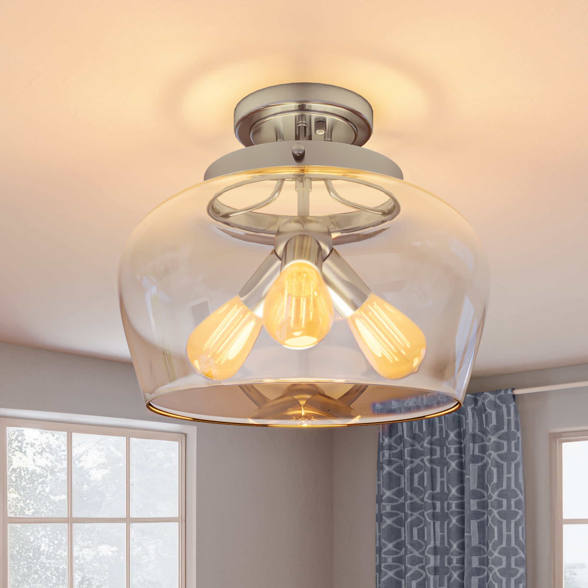 Uforic Semi Flush Mount Ceiling Light, Farmhouse Ceiling light with Clear Glass Shade, Modern Ceiling Light for Closet Dining Room Kitchen Hallway, Silver